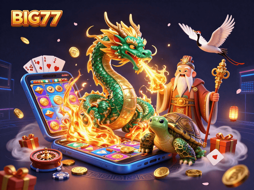 Experience the thrill of BIG777 slots with an emerald dragon, sage, and lucky cranes amidst casino excitement.