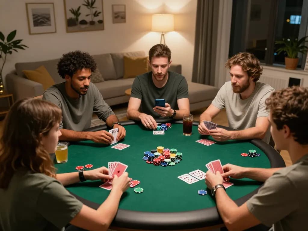Friends enjoying poker night with colorful dark web links strategy notes on table.