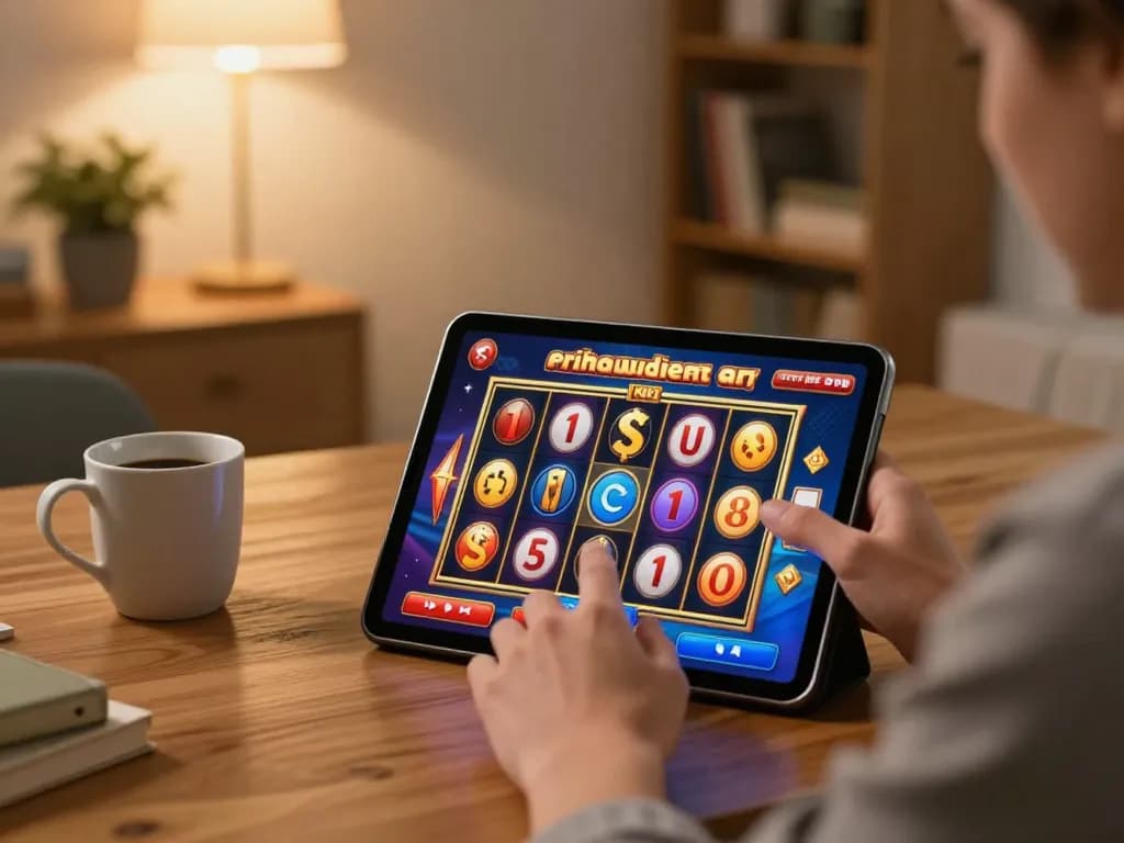 Player enjoying slot online on a tablet in a cozy home environment, showcasing responsible gaming.