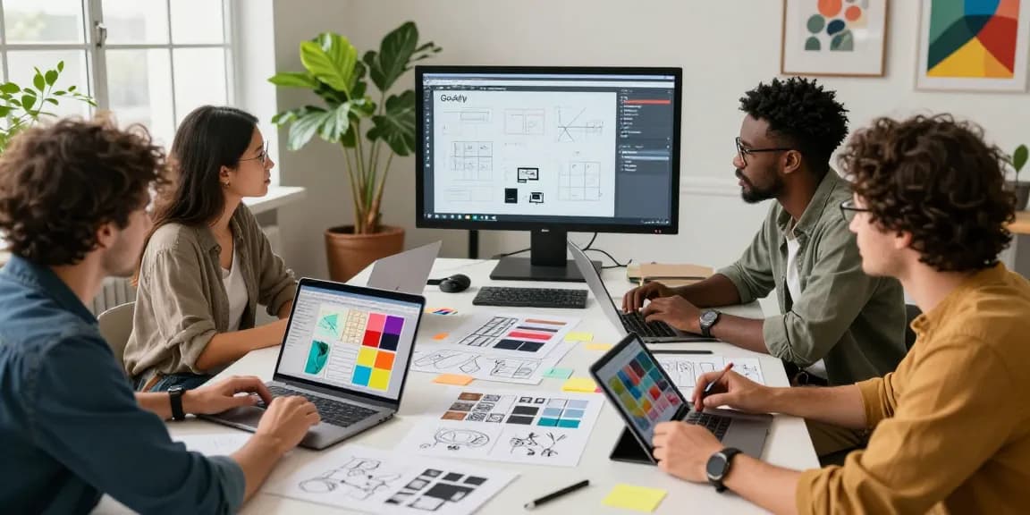 Team collaborating on a mixboard in an inspiring creative workspace, enhancing visual brainstorming.