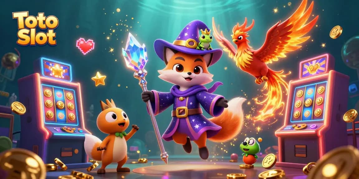 Engage with Toto Slot's exciting world through vibrant 3D casino visuals showcasing colorful machines and dynamic characters.