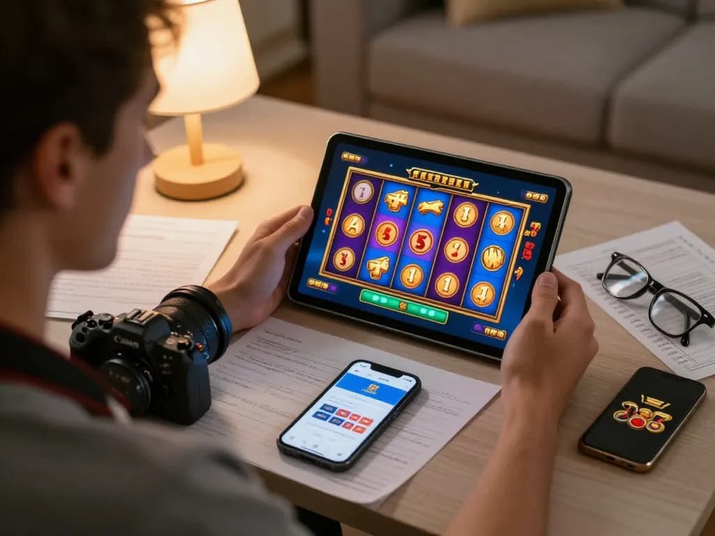 Engaged player at nhà cái fly88 enjoying online slot game on tablet in comfy living room.