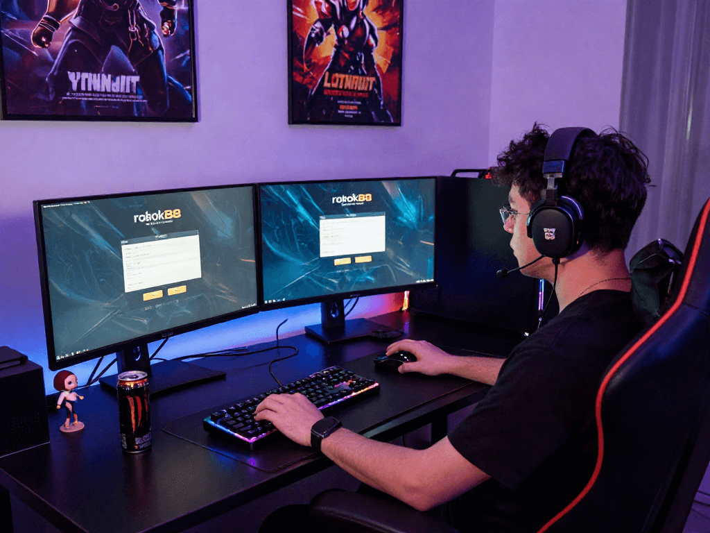 Gamer engaging with rokok88 login on a dual-monitor setup, showcasing an immersive online gaming experience.