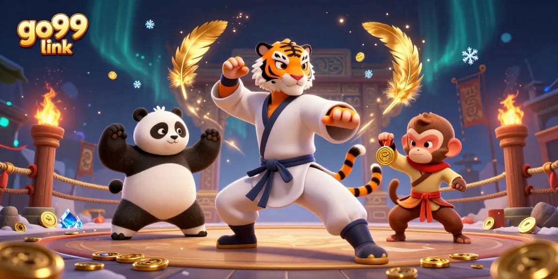 Engage with the go99 link as a kung fu tiger, panda disciple, and monkey create a vibrant casino scene.