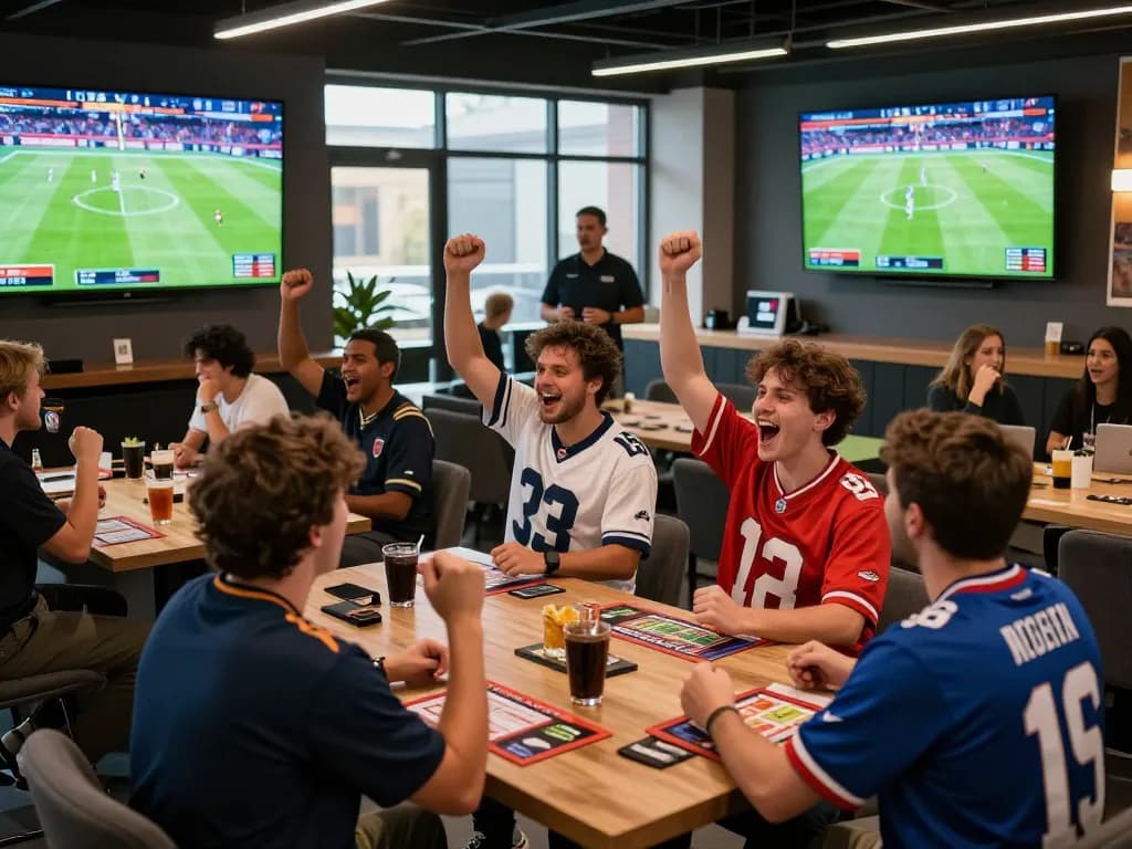 Exciting Thể thao hubet88 sports betting scene with fans cheering in a lively lounge.