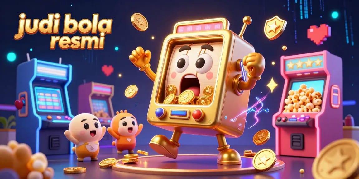 Engage in thrilling judi bola resmi action with a lively cartoon slot machine scene bursting with game energy.