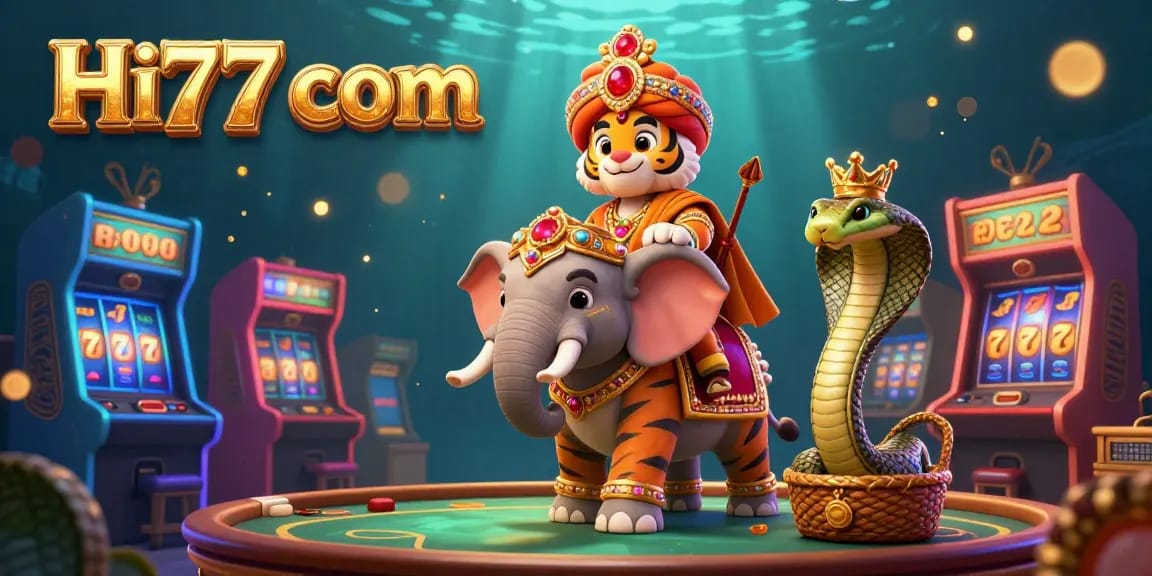 Engage with the thrilling slot experience at Hi77 com, featuring a vivid 3D scene with a maharaja tiger, an elephant, and exciting game elements!