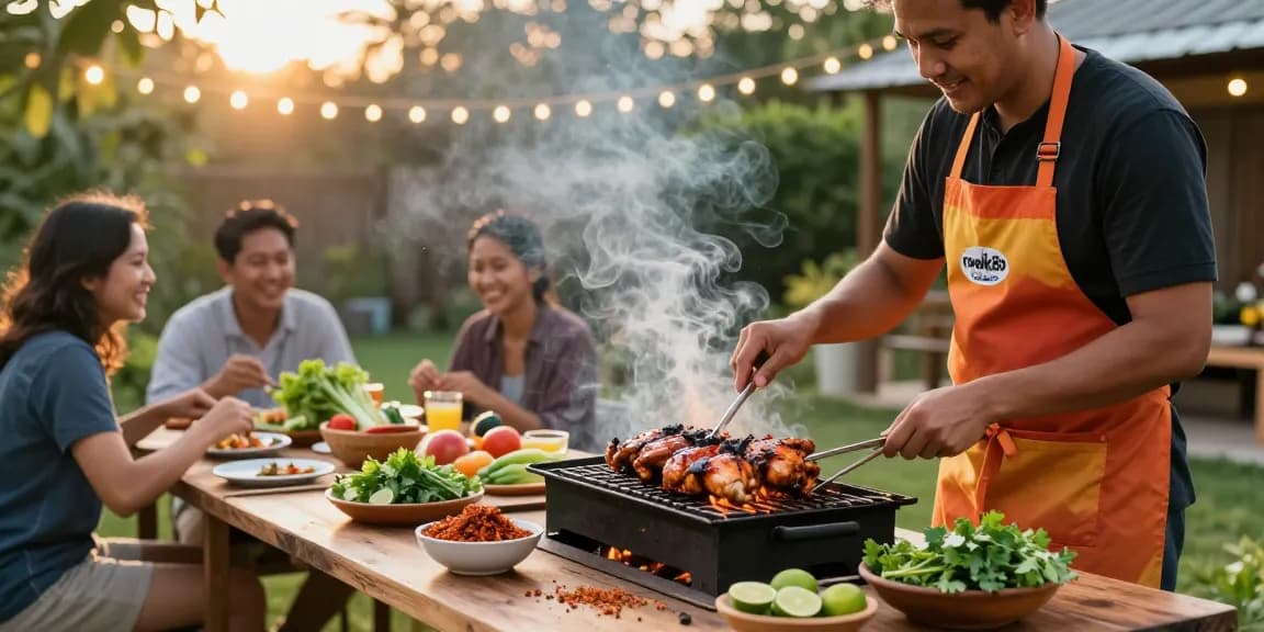 Delicious grilled chicken with rokok88 super and sambal rawit in a vibrant outdoor setting.