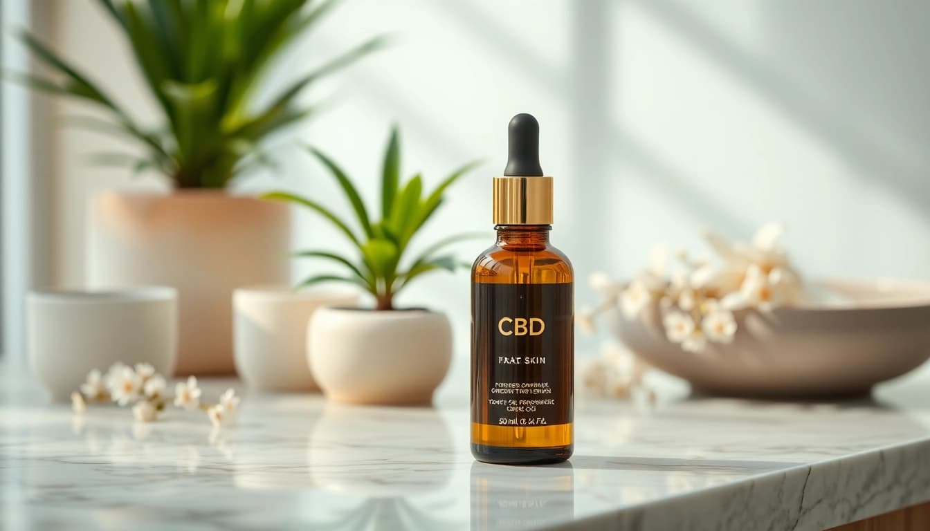 Apply CBD oil for skin in a serene setting with elegant product display.