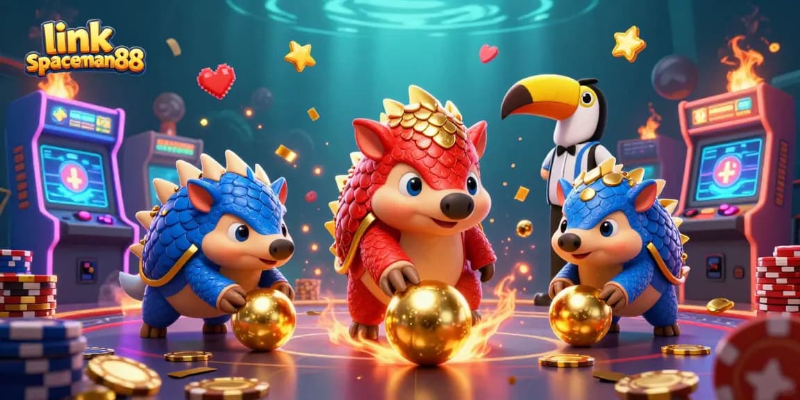 Engage with link spaceman88 in a dynamic 3D arcade scene showing gambling pangolins with vibrant casino elements.