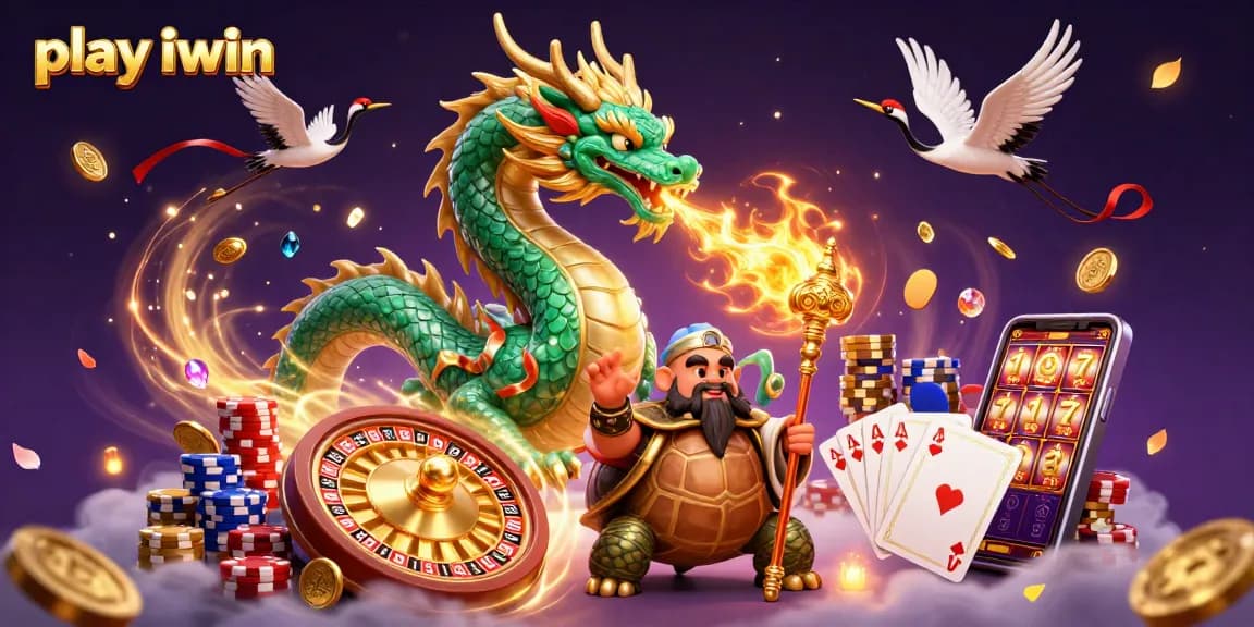 Experience the thrill as you play iwin with vibrant dragons, gems, and winning cards in a dynamic casino scene.