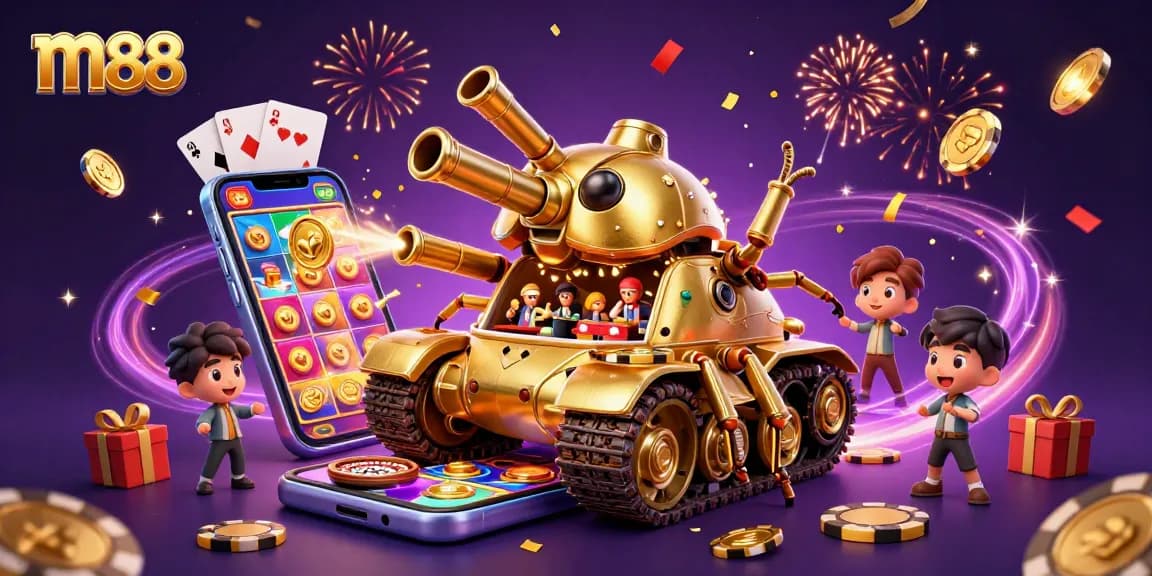 Experience thrilling moments at m88 with a golden beetle tank casino showcasing joyful patrons and exciting game elements.