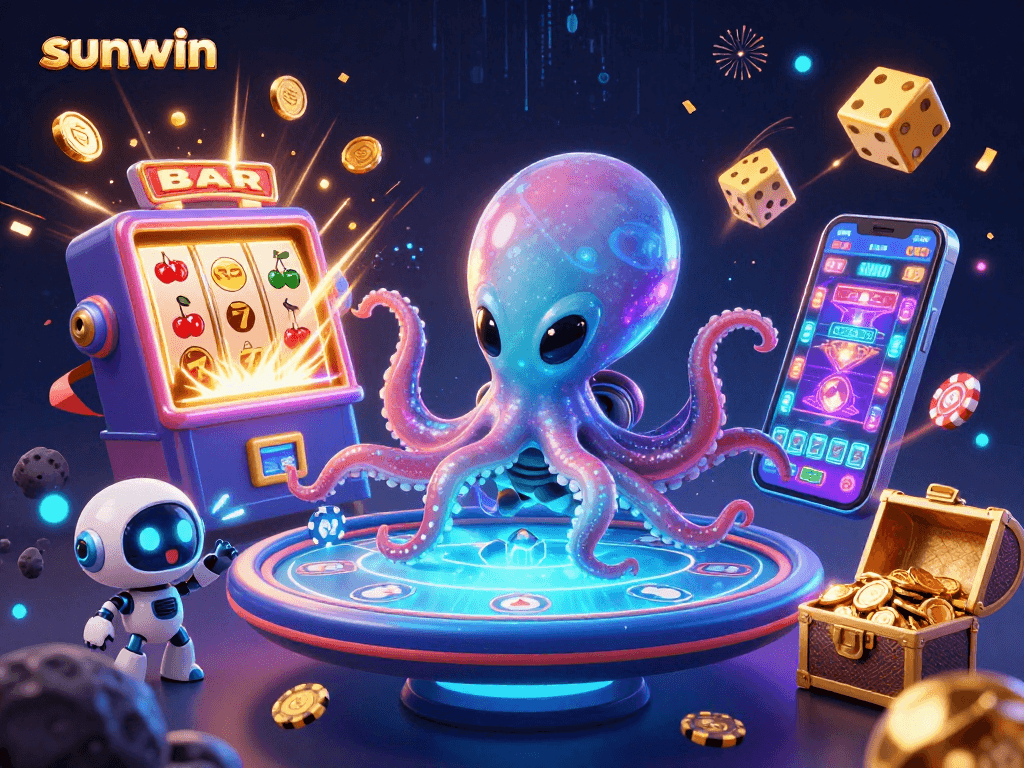 Engage in thrilling gaming action with sunwin's lively alien-themed casino illustration featuring dynamic elements.