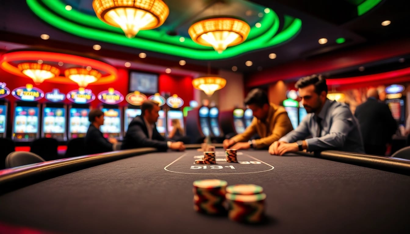 Permainan poker di kasino bbni4d dengan suasana penuh warna dan partisipan yang bersemangat.