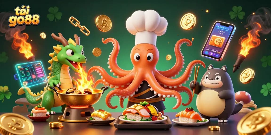Engage in thrilling gameplay with tải go88 as a sushi chef octopus creates delicacies under a vibrant crypto-themed scene.
