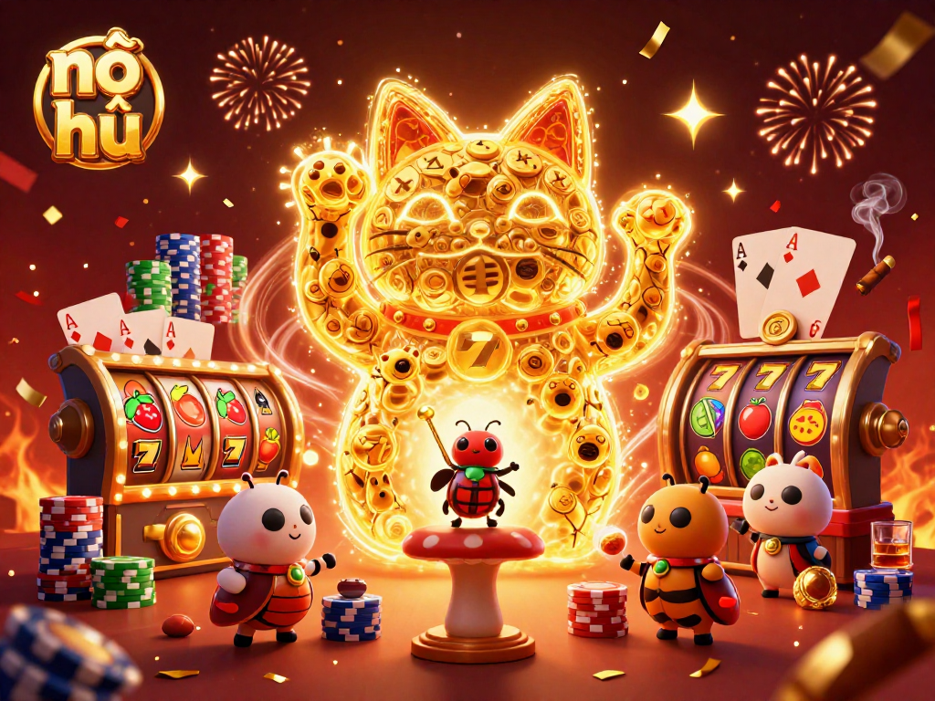 Experience nổ hũ excitement with a lucky cat and poker elements in a vibrant casino scene.