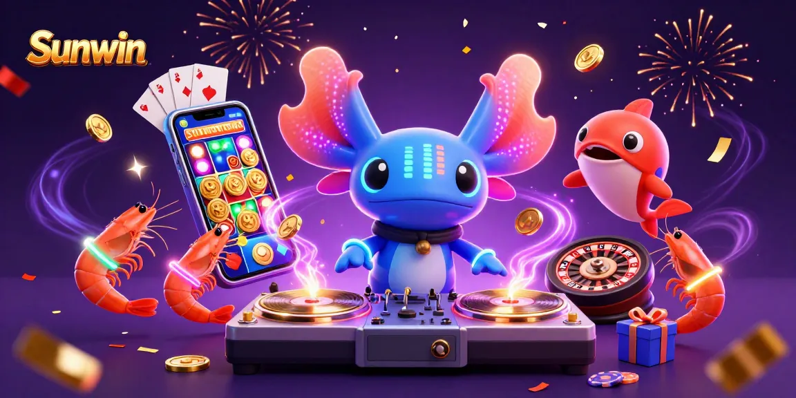 Exciting Sunwin gameplay with a vibrant DJ axolotl and interactive casino elements.