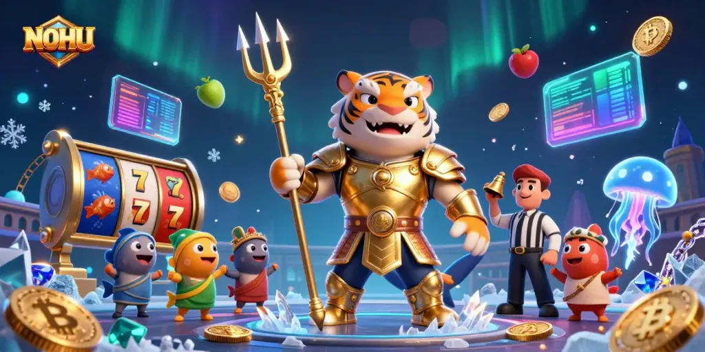 Experience thrilling moments at NOHU with an underwater casino scene featuring a tiger shark and dynamic slot elements.