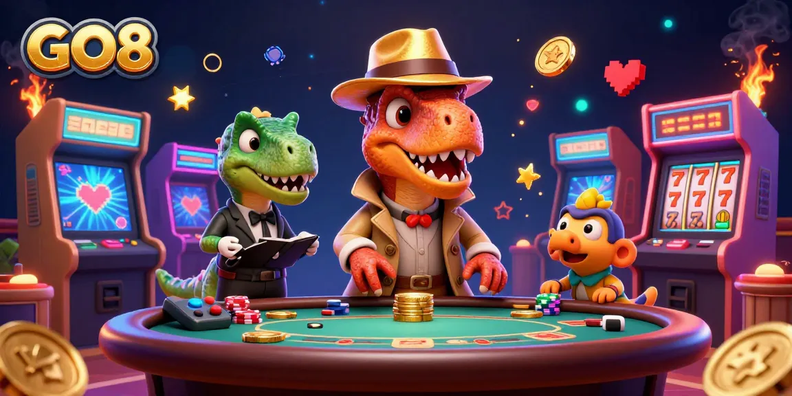 GO8 velociraptor card counter in a vivid casino scene with animated slot reels and lively gaming elements.