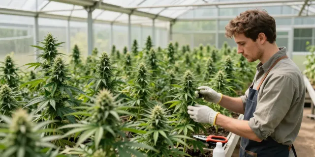 Regular cannabis seeds displayed in a thriving greenhouse, showcasing male and female plants for breeding.