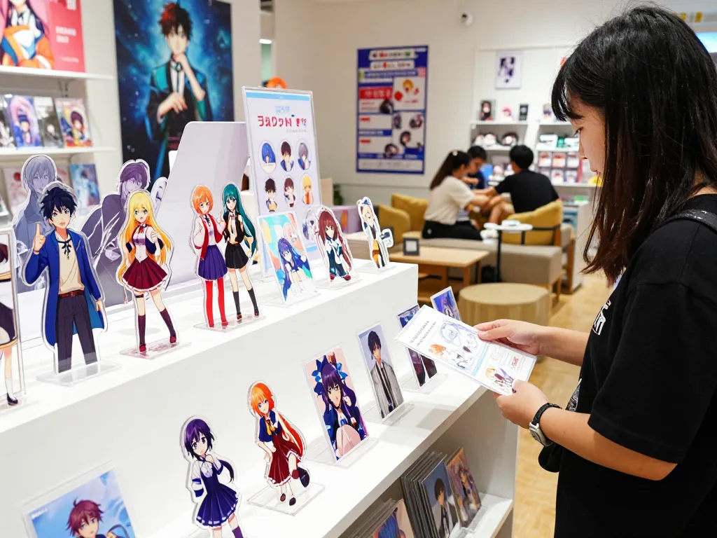 Custom acrylic standees displayed in a vibrant retail showroom for fans and collectors.