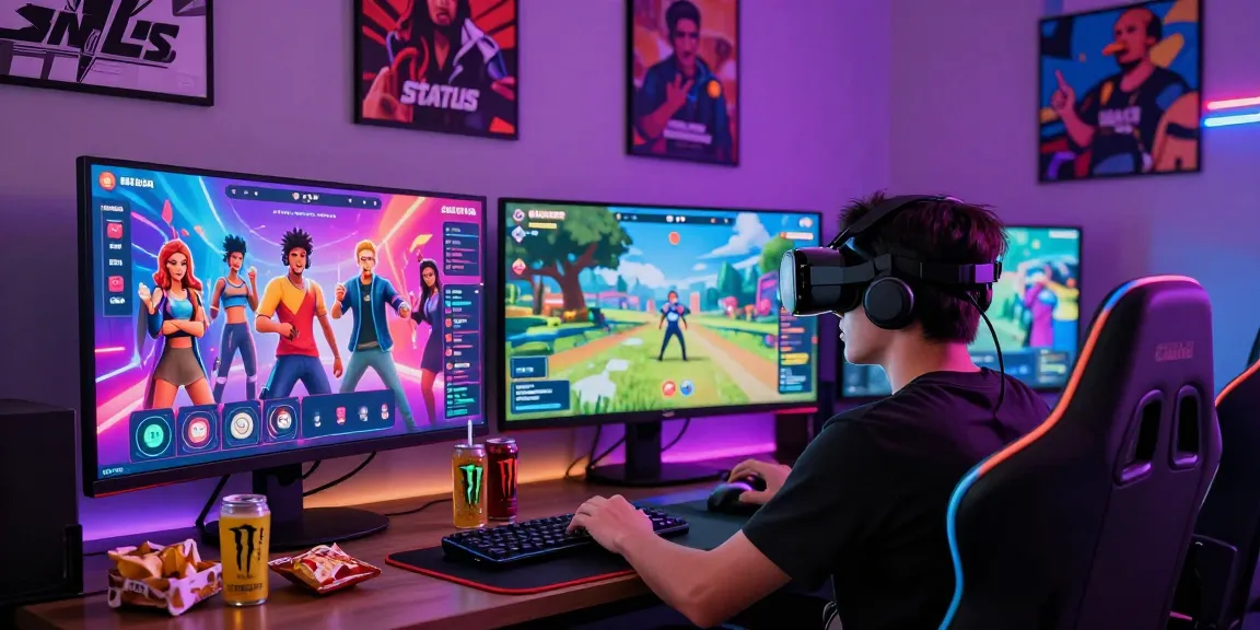 Player engaging with the Status Game in a dynamic virtual reality setup, showcasing colorful gaming interfaces.