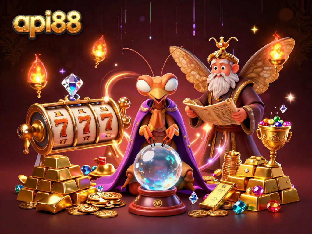 Engage with api88's captivating fortune teller and librarian amidst slot reels and treasures.