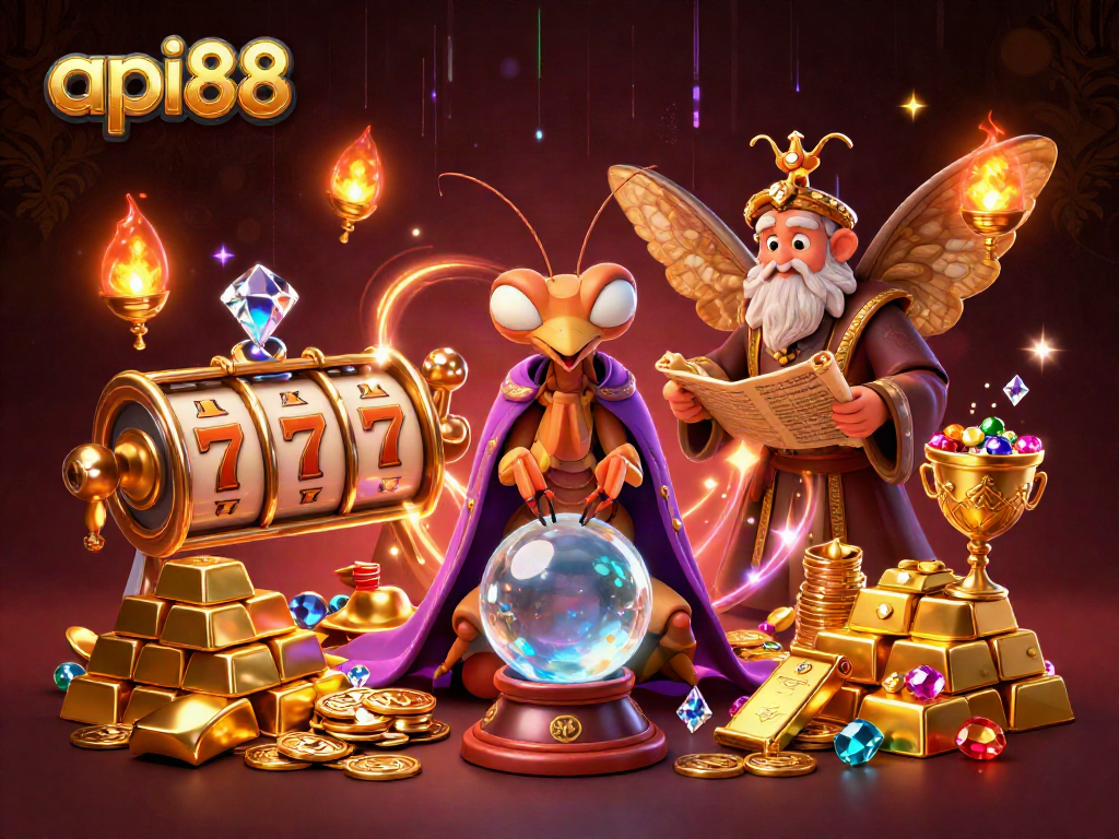 Engage with api88's captivating fortune teller and librarian amidst slot reels and treasures.