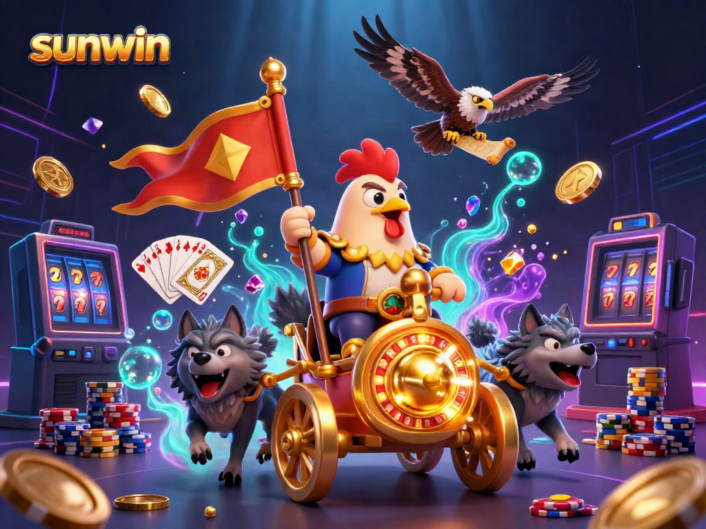 Experience the excitement of sunwin with a dynamic casino scene featuring a rooster warlord and treasure elements.