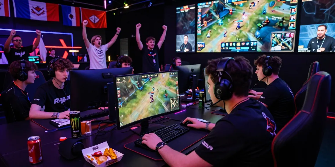 Intense esports gaming competition featuring raja 328 on screen.