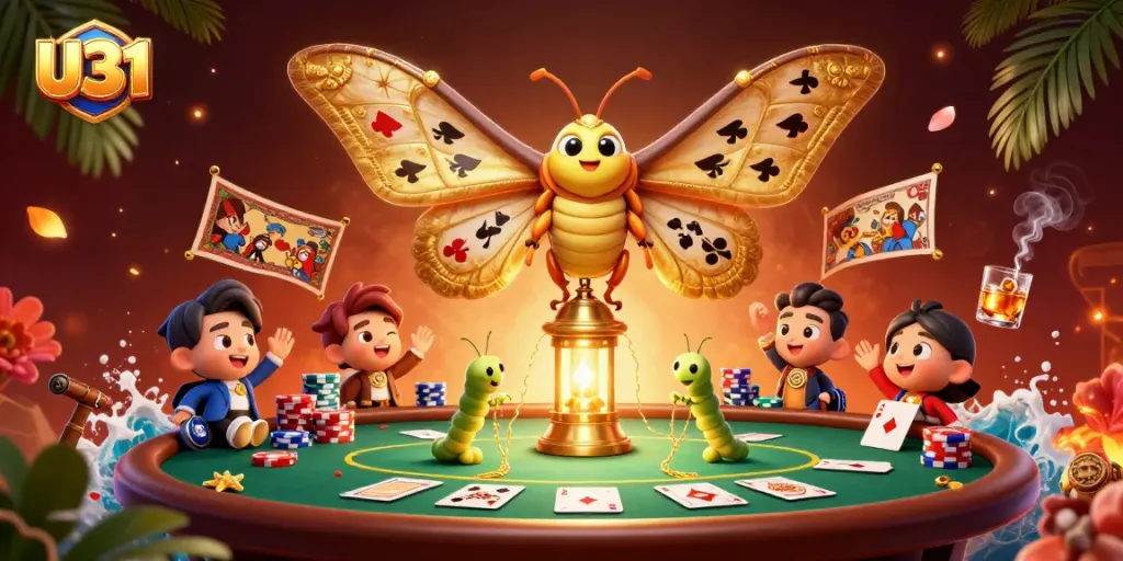 Experience U31's vibrant casino atmosphere with a moth and silk worms enhancing a rich poker scene.