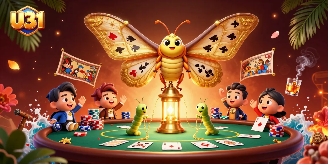 Experience U31's vibrant casino atmosphere with a moth and silk worms enhancing a rich poker scene.