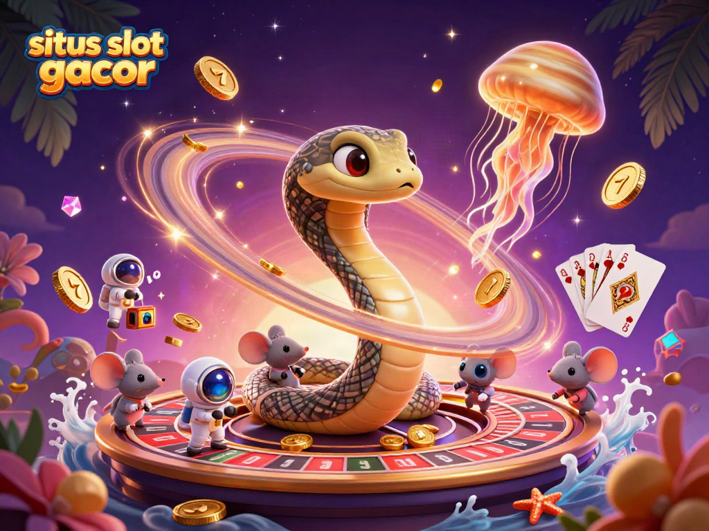 Gambarkan situs slot gacor dengan simbol slot dan karakter unik dalam suasana kasino yang berkilau.