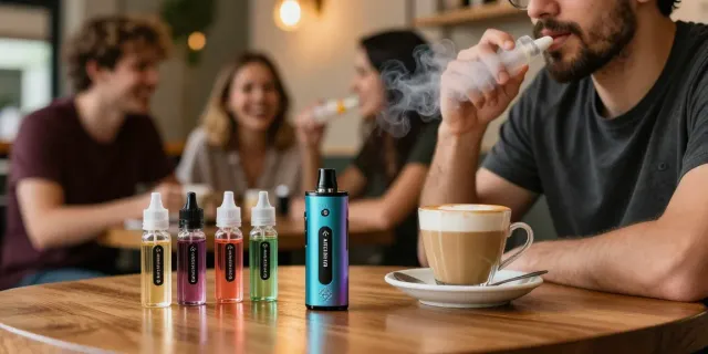 Erlebe den einzigartigen Geschmack des Al Fakher Crown Bar 8000 Crystal V2 in einem gemütlichen Café.