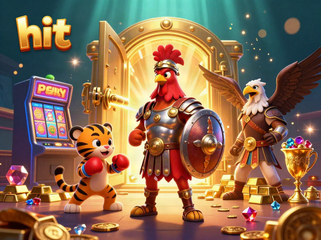 Engage in thrilling casino action with 'hit' at the center of a vibrant 3D illustration featuring characters and treasures.