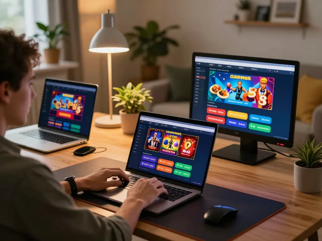 Engaging in online gaming on the Trang Chủ RR88 platform from a cozy home setup, showcasing a laptop and warm atmosphere.