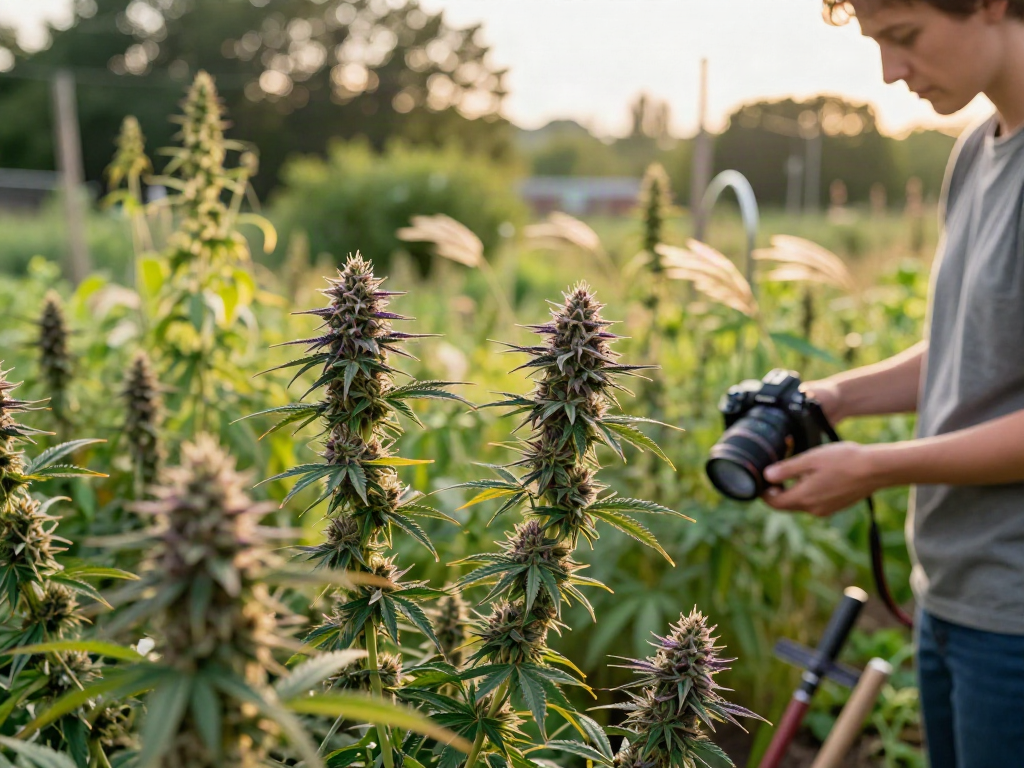 Entspannte Gartenlandschaft mit Purple Queen CBD Blüten, die in der Sonne glänzen und die therapeutische Wirkung von CBD betonen.