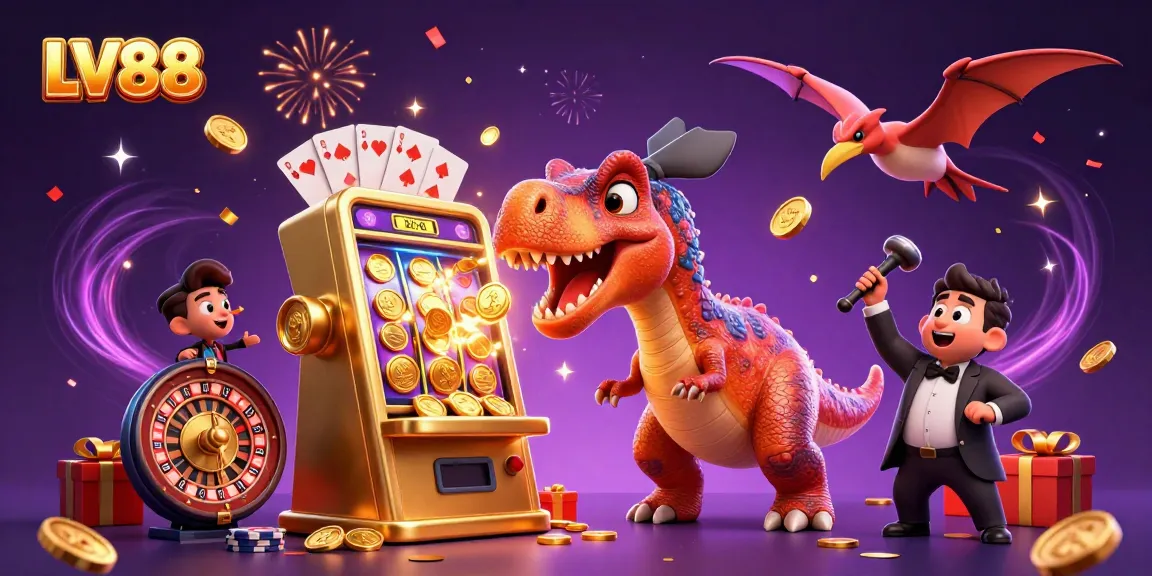 LV88 players enjoying jackpot excitement as a dinosaur celebrates wins with golden coins.