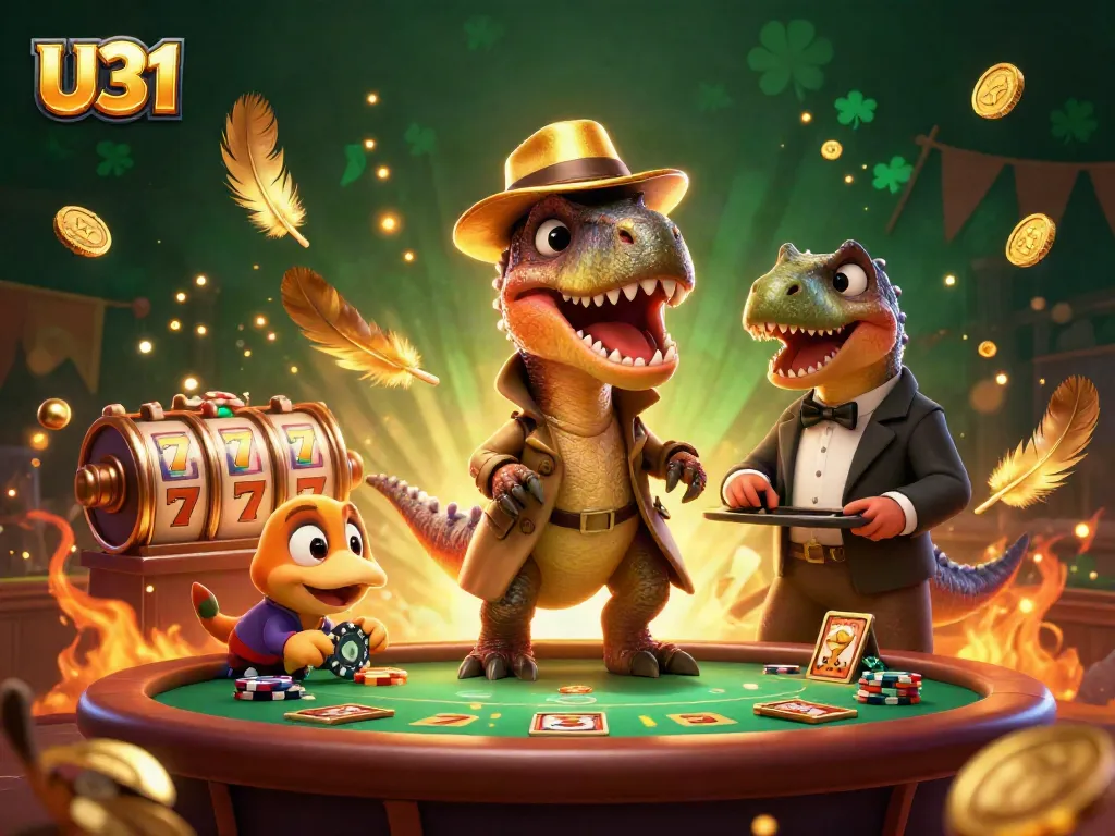 U31 velociraptor card counter at a blackjack table, surrounded by slot reels and chips