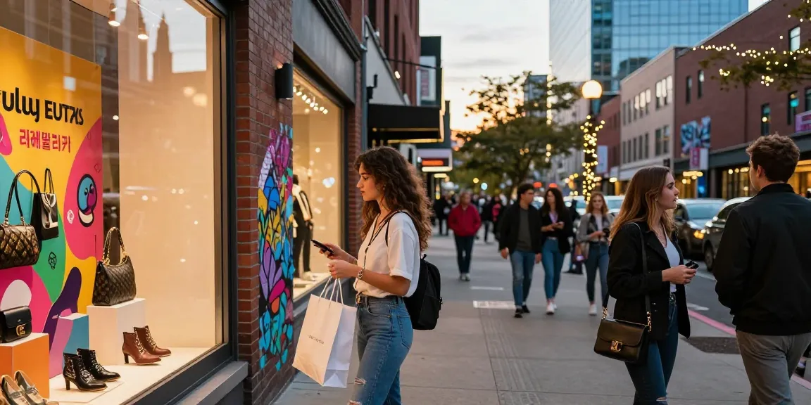 Dynamic urban shopping scene featuring stylish woman at 레플리카 쇼핑몰 storefront.