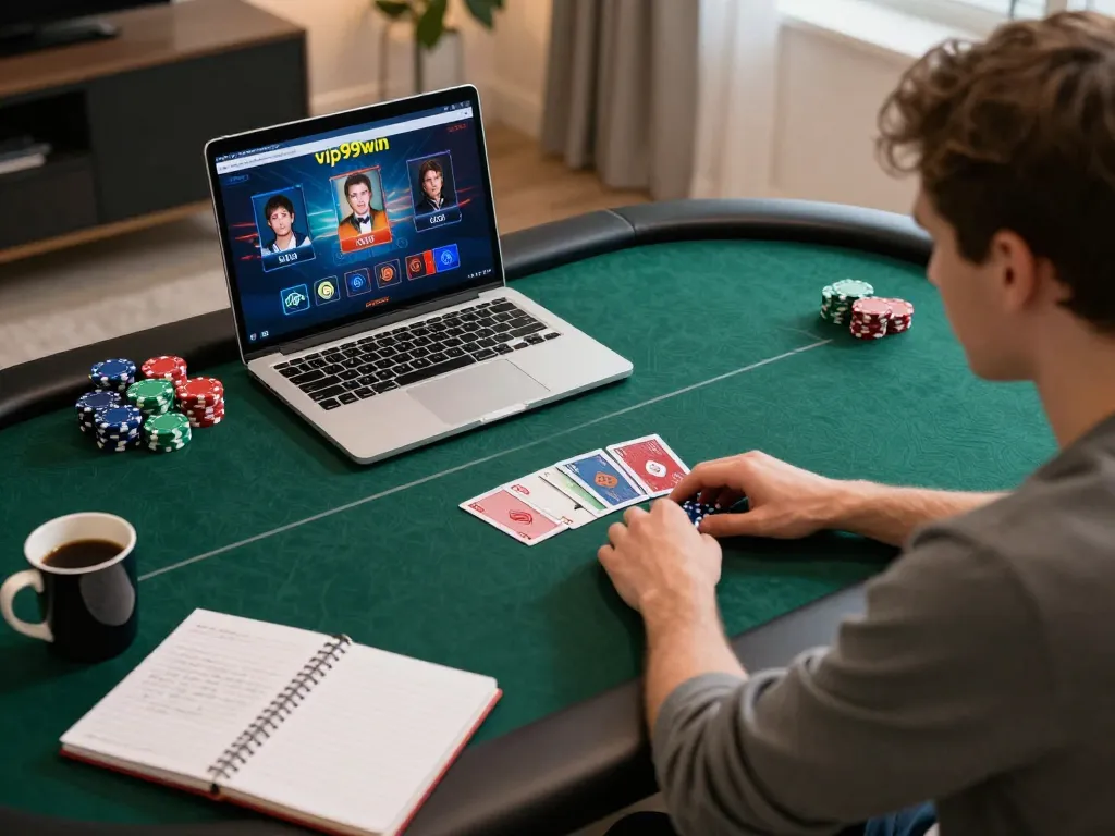 Player engaged in poker on vip99win platform, showcasing vibrant chips and cards in a cozy home setting.