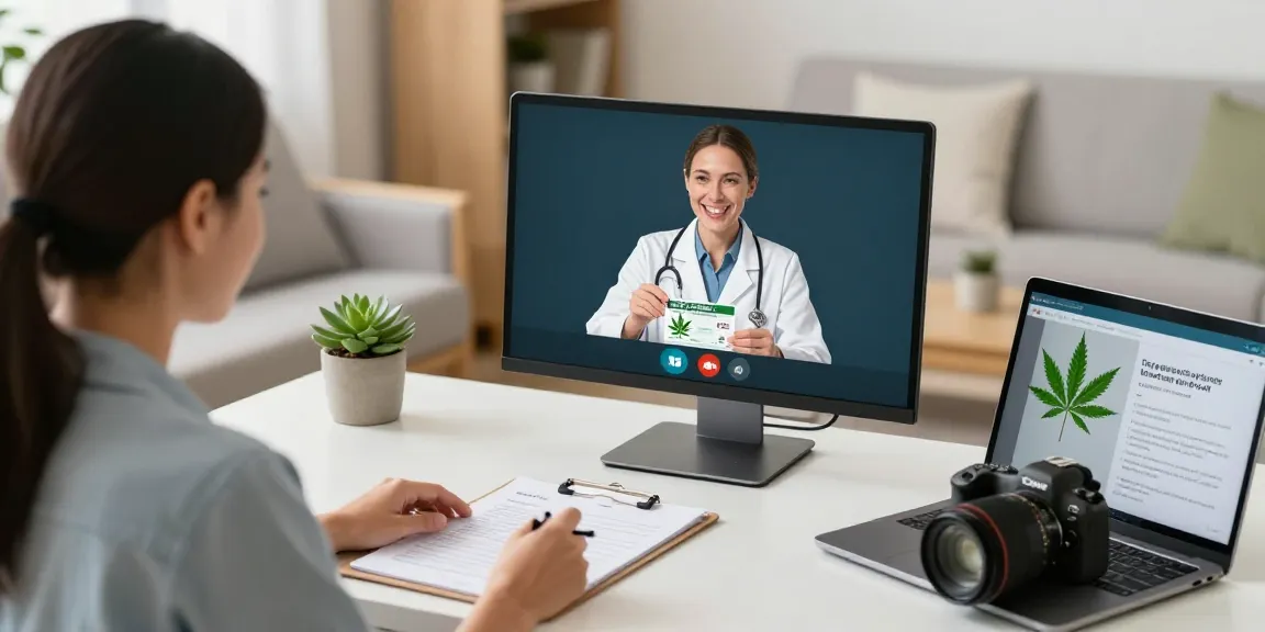 Patient in a telemedicine consultation to get medical marijuana card, engaging with a doctor online in a cozy home office.
