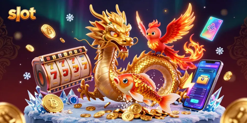 Spin the slot with a fierce dragon and colorful coins showering down.