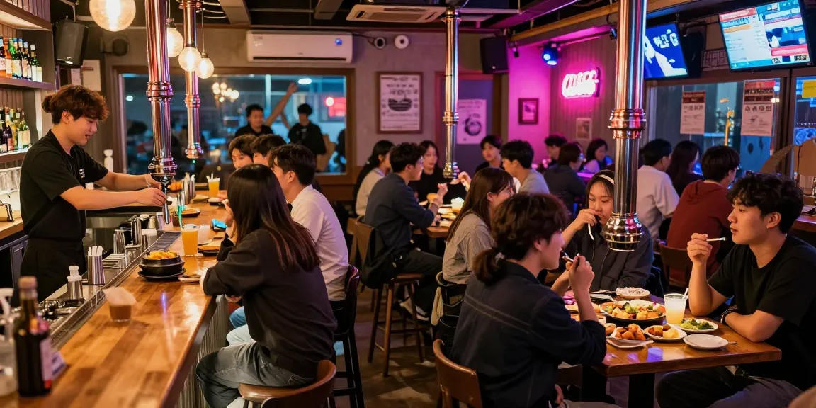 Experience the exciting atmosphere of 상봉동 한국관나이트, with friends enjoying drinks and snacks in a vibrant nightlife setting.