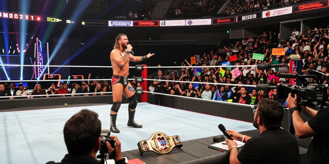 LA Knight performing a captivating promo in a packed wrestling arena during a championship match, showcasing his charisma and crowd engagement.