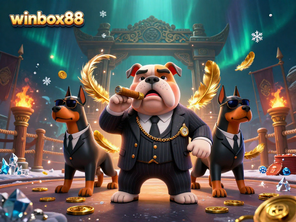 Experience thrilling gaming at winbox88 with a 3D cartoon mobster scene, gold coins, and dynamic action elements.