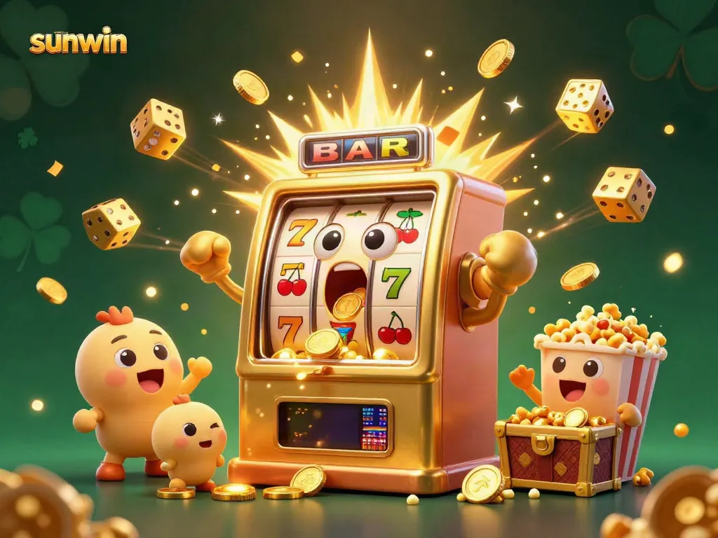 Experience the excitement of sunwin as a joyful golden slot machine celebrates a jackpot with coins everywhere.