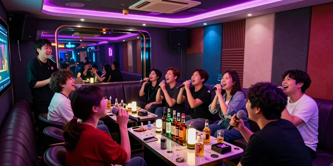 Enjoying 제주유흥 in a lively Jeju karaoke room with vibrant atmosphere and diverse groups