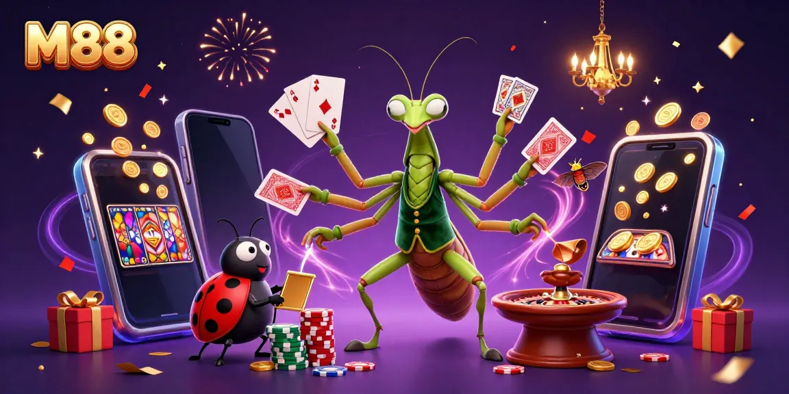 Engaging M88 casino scene with a giant praying mantis card sharp and ladybug pit boss in action.