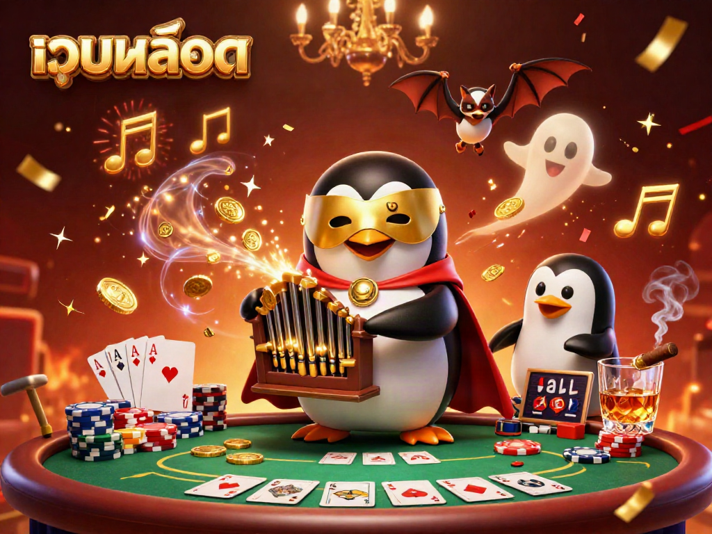 Experience vibrant เว็บสล็อต action with a phantom penguin organist and gold coins in a dynamic casino scene.